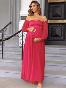 Joyfunear Elegant Contrast Mesh Off-Shoulder Maternity Dress, Autumn - Hot Pink - View 1