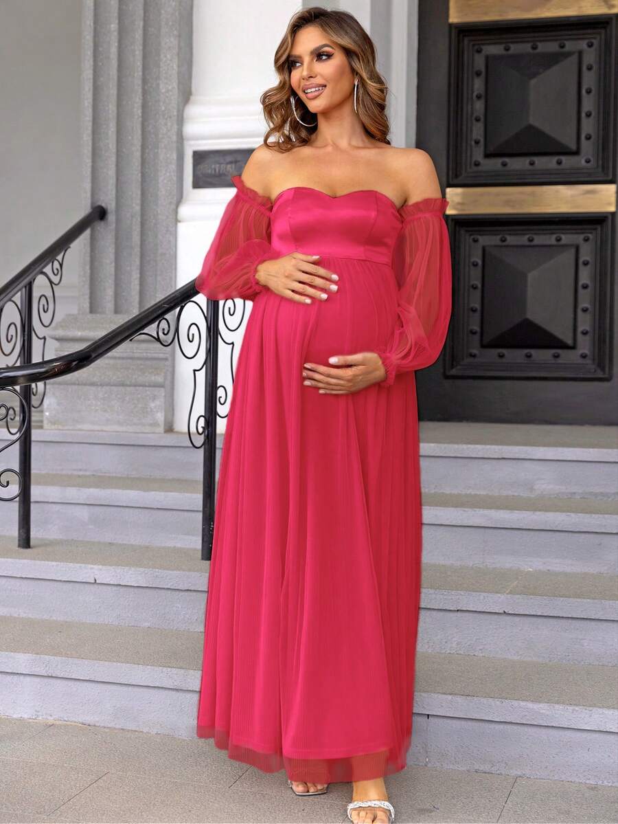 Joyfunear Elegant Contrast Mesh Off-Shoulder Maternity Dress, Autumn - Hot Pink - View 1