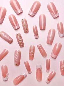 Mejora instantáneamente tu apariencia, Set de 24 uñas postizas francesas de longitud media con perlas 3D, diseños florales ondulados, bordes dorados y destellos brillantes en un gradiente azul fresco. Agrega un toque de romance y te hará lucir talla grande dulce (entrega aleatoria) - Aleatorio - Ver 4