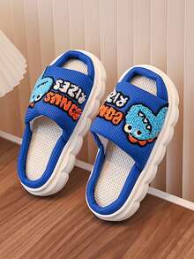 1 Pair Unisex Kids/Toddlers' Indoor Outdoor Slippers, Non-Slip Durable Comfortable Home Shoes, Flat Slides - Blue - View 2