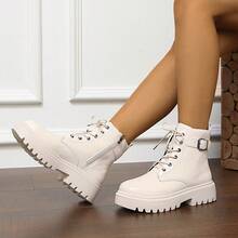 1 双女式羊毛衬里短靴，圆头系带，适合室内外穿着，侧拉链厚底女式摩托车靴 - 米色 - 查看 3