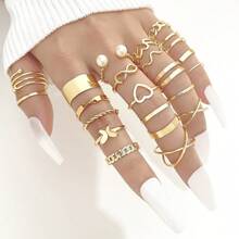 22/Piece Bohemian Style, Heart-Shaped Design, Imitation Pearls And Retro Geometric Multi-Element Ring Set, Suitable For Women's Daily Wear - Vàng - Xem 2