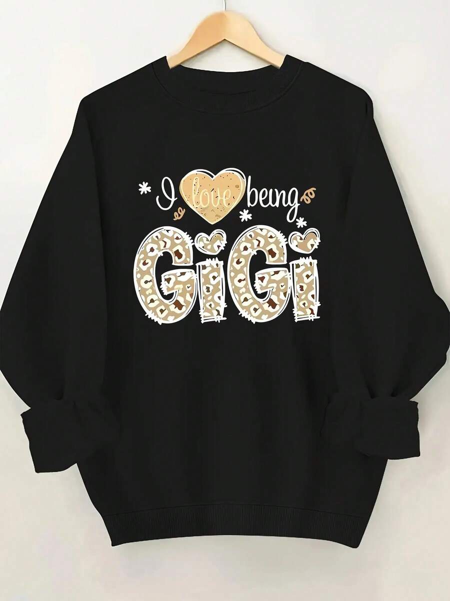 2025 New Women's Sweatshirt Leopard Print LOVE BEING GIGI Sweatshirt, Casual Long Sleeve Round Neck Sweatshirt For Autumn And Winter, Women's Clothing. Loose And Comfortable - 黑色 - 查看 1