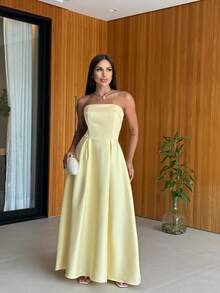 Women's Long Strapless Dress With Tie-Up At The Back In Premium Tailoring, Elegant, Sensual - Màu vàng - Xem 2