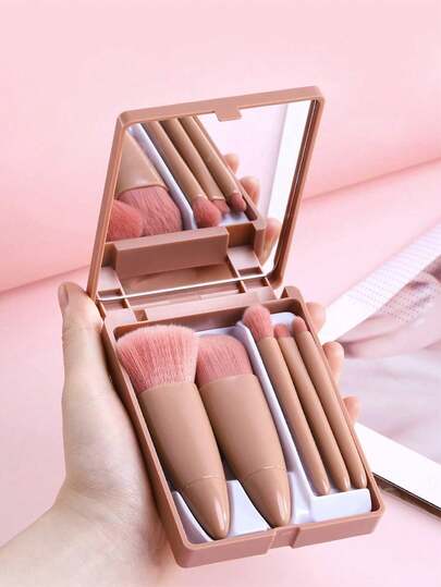 5件/1套便携式迷你化妆刷套装带镜子] 5件便携式迷你化妆刷套装，专业美容工具，软纤维毛和眼影刷，塑料，带镜子，无需电即可使用，无羽毛