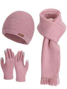 3 件套女士冬季针织帽、围巾和手套套装，带耳罩的保暖无檐小帽 - A - 查看 12