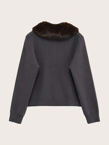 秋冬款细羊绒混纺针织有领开衫 - 深灰色 - 查看 2