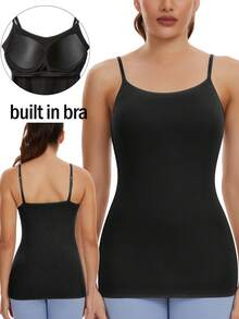 Womens Modal Built-In Bra Padded Camisole Yoga Workout Tank Tops Adjustable Straps Soft Basic Cami Undershirt - Black - View 2