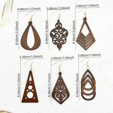 6pairs Bohemian Style Wooden Hollow Earrings, Geometric Teardrop Triangle Design Dangle Earrings, Suitable For Daily Wear, Women's Jewelry For Holidays And Parties, Lightweight Suitable For Autumn/Winter - Brown - View 7