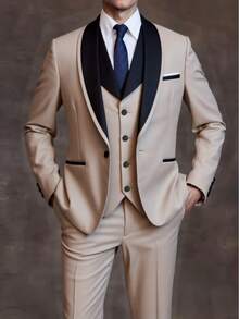 男士修身披肩领单排扣西装三件套，包含配套马甲和西裤，新郎婚礼礼服及伴郎正式服装 - 卡其色 - 查看 2