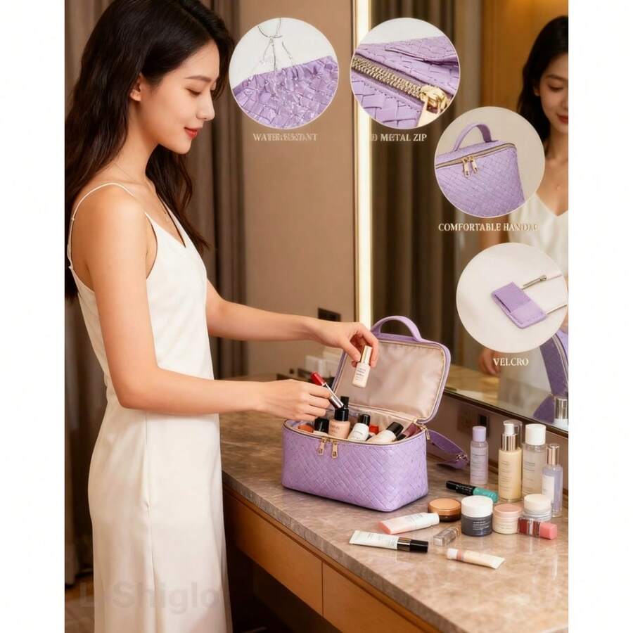 Large Capacity Waterproof Travel Makeup Bag For Women - Foldable Flat Lay Cosmetic Bag With Compartments Toiletries & Beauty Essentials - 紫色 - 查看 1