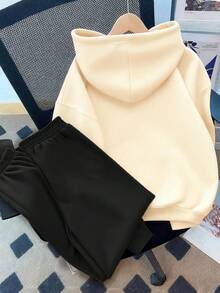 2PCS Girls Sweet - Cool Letter Hoodie Set, Soft Skin - Friendly, School Daily All - Season Wear - Apricot - View 2