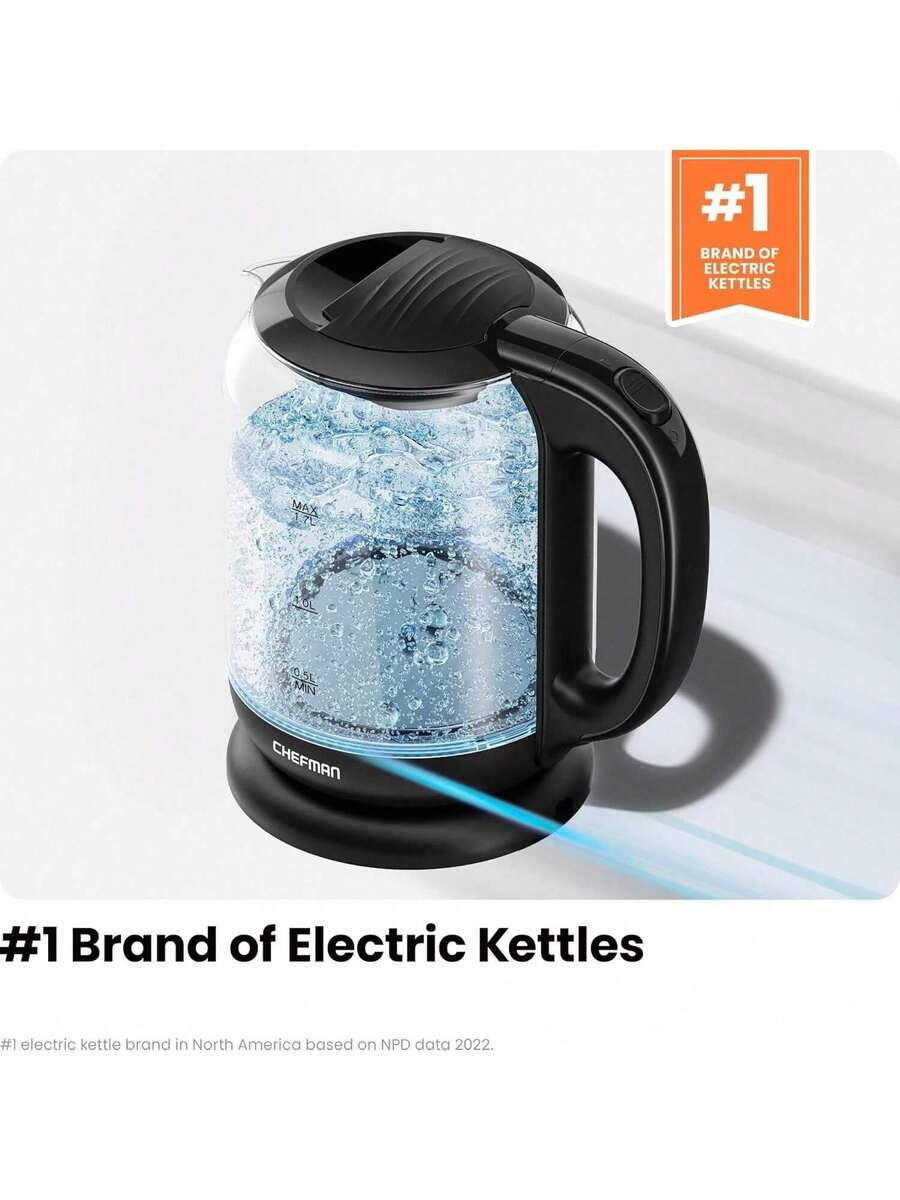 Chefman | Tetera con Jarra de Cristal | Hervidor Eléctrico de 1.Litros | Base de 360 Grados | Luz Led - 1,7 litros - Ver 1