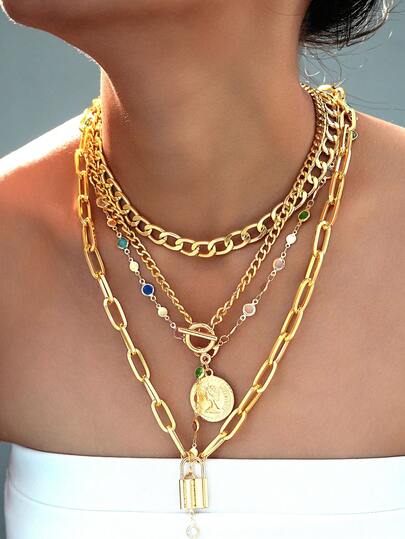 4/3pcs Elegant Vintage Multilayer Coin & Lock Pendant Necklace For Women, Fashionable Jewelry Suitable For Daily Wear, Party, Outfit