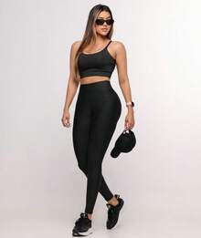 Premium Suplex Fitness Set With Pants And Non-Transparent Cup Top, Fitness Gym Clothing Kit, High Compression Leggings - 全黑 - 查看 3