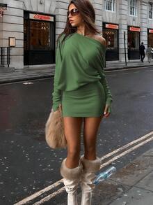 女士度假装扮、Y2K风格服装、斜领、露肩、长袖、假两件套、修身包臀连衣裙、轻薄连衣裙、时尚、派对连衣裙、女士春夏装扮、超薄连衣裙 - 橄欖綠 - 查看 4
