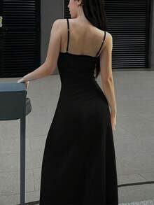 Women Solid Color Long Casual Spaghetti Strap Dress, Summer Elegant Black - Black - View 2