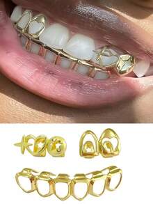 1 Set Fashion Women's Hip Hop Rhinestone Hollow Heart & Hollow 6-Tooth Grill Teeth Grillz, Carnival Party Accessory, Christmas Couples Gift Unisex - Multicolor - View 4