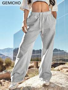 GEMCHO 女士抽绳腰宽松阔腿休闲运动裤，带口袋，针织面料略带弹性，适合休闲、跑步、慢跑、健身等各种场合，四季皆宜的长裤 - 灰色 - 查看 4