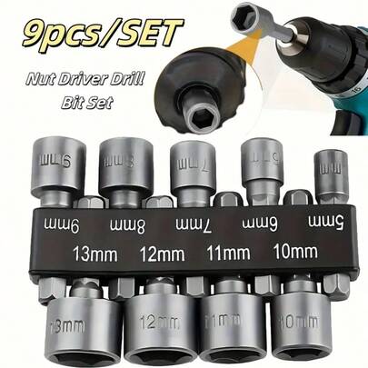 9pcs Hex Socket Set - 5-13mm Hexagonal Head With 1/4" Hex Shank, Quick-Change Driver Bits For DIY & Repair Projects