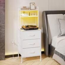 Tomnk Tall Nightstand With Charging Station, 41 Inch Led Night Stand With U-S-B Port & Socket, 3 PU Finished Fabric Storage Drawers, Office, Bed Side Table & Bookshelf In One, White/Rustic Brown - Xem 2