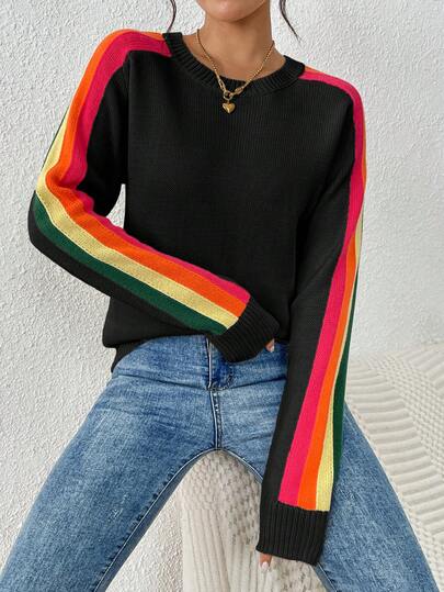 Women's Colorful Rainbow Striped Casual Crewneck Sweater Long-SleeveTops,Autumn And Winter