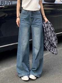 女士蓝色拼接阔腿牛仔裤，休闲宽松版型，适合日常通勤和购物 - 淺色水洗藍 - 查看 1