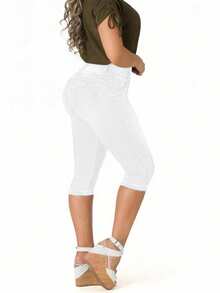 修身七分牛仔裤 - 中腰弹力牛仔布，纽扣门襟经典水洗七分裤 - 白色 - 查看 4