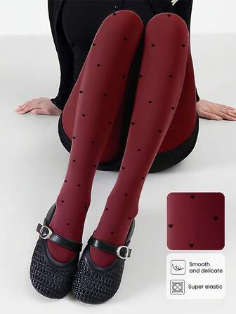 Women's Burgundy Heart-Shaped Soft & Comfortable Tights, Fashionable High Elasticity Anti-Pilling Tummy Control Seamless Tights, Suitable For Casual Daily Wear, Autumn/Winter, Cozy