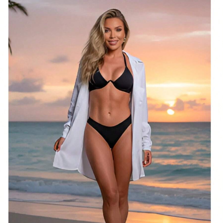 Beach Cover-Up Long Sleeve With Pocket Button Closure Beachwear Chemise Casual Sexy Boho Vacation Beachwear Beach Holiday Vacation Bachelorette Party Travel Spring-Summer - 白色 - 查看 1