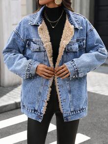 时尚牛仔夹克，适合秋冬，百搭休闲、旅行、机场、Y2K 学生风格，保暖内衬，防寒，适合女性 - 藍色 - 查看 2