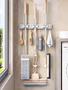 قطعة واحدة 4 مقطع و 5 خطاف الألومنيوم رف ممسحة معلق للحائط حمام مثبت رفوف , الى ممسحة , مكنسة تخزين و شرفة استخدام - رمادي - مشاهدة 5