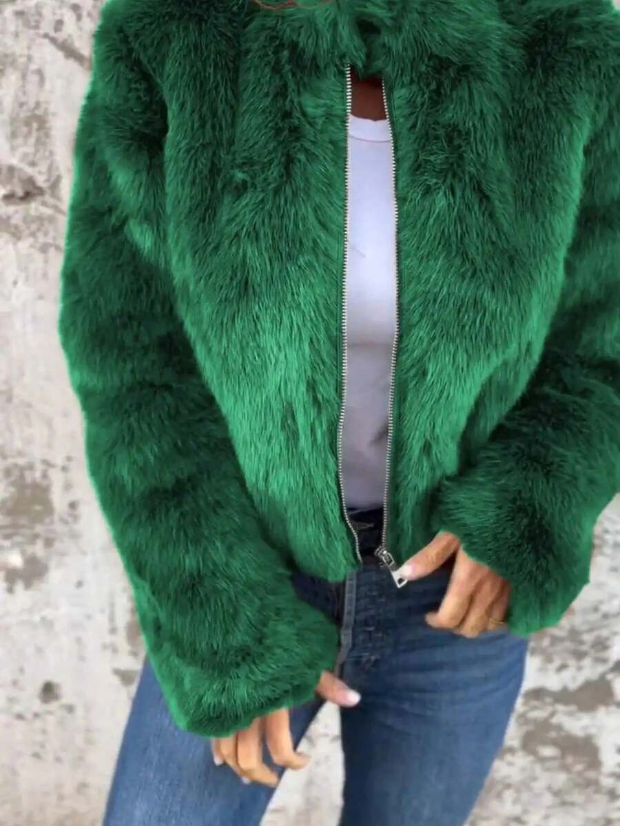 Large Size, Large Size Women's Winter Short-Sleeved Zipper Jacket With Artificial Fur Collar - A Thick And Soft Coat With Loose Long Sleeves In Red/Black Color, Machine Washable And Warm, Suitable For Both Casual And Formal Occasions (Suitable For All Seasons), Women's Winter Jacket, Christmas Gift - Green - View 1