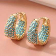 1 Paar Luxus Damen Creolen, vollständiges Diamant Design mit Türkis Einlage, geeignet für den täglichen Gebrauch, Geschenk für die Freundin. Halloween Schmuck, Weihnachtsgeschenk