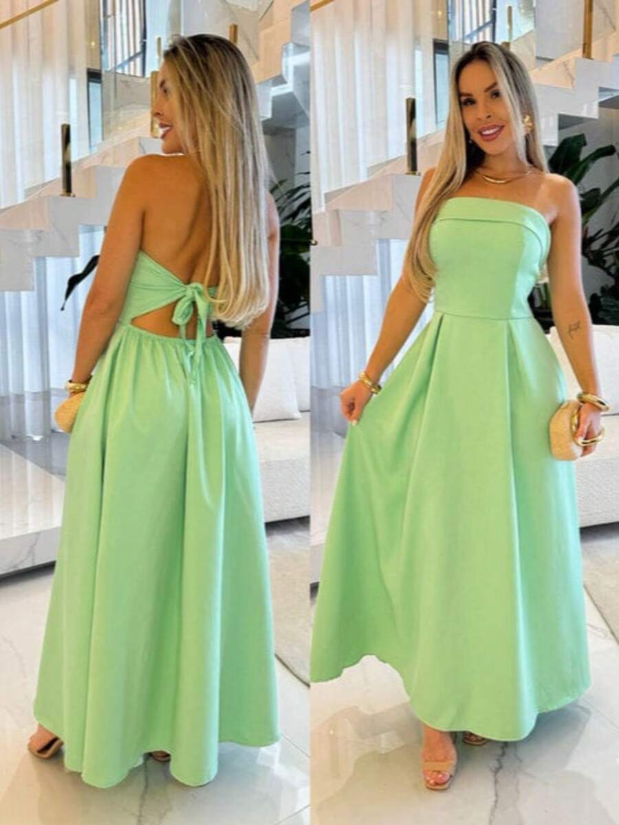 Women's Long Strapless Dress With Tie Back In Premium Tailoring, Elegant, Sensual - Olive Green - View 1