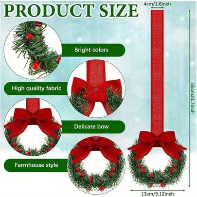 Christmas Mini Wreath Cabinet Window Hanging Decoration With Red Bow And Fruit, Suitable For Party Home Decoration