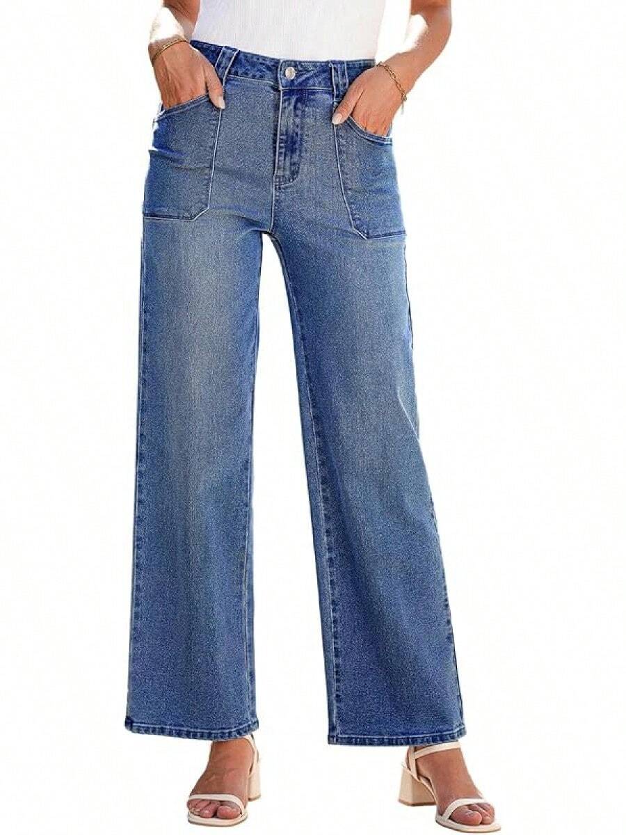 High Waisted Straight Leg Jeans Wide Leg Jeans Denim Pantshalloween - 發藍 - 查看 1