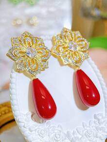 SEQUITO 2件套迪拜设计师女士耳饰，镀金密镶AAA级立方氧化锆花朵水滴绿色耳坠，适合宴会佩戴 - 5.5厘米 - 查看 6