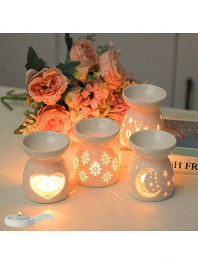 Exquisite Mini Aromatherapy Stove, White Hollow Ceramic Stove, 2.7 Inches X 3.4 Inches, Flower Love Moon Star Aromatherapy Stove Candlestick, Heating Candlestick, Essential Oil Stove Aromatherapy, Aromatherapy, Suitable For Families, Valentine's Day, Parties, Christmas Parties, Autumn, Festivals, Winter