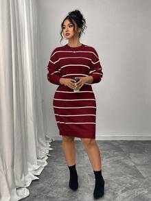 Plus Size Casual Color Block Striped Ribbed Crew Neck Sweater Dress, Autumn/Winter - Red - View 5