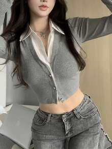 Áo len nữ dài tay màu trơn, cài nút hình trái tim, phối màu tương phản, kiểu dáng thường ngày, thích hợp cho mùa xuân. - Màu Xám nhạt - Xem 3