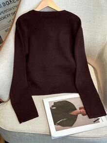 Women's Casual Slim Fit Solid Color V-Neck Drop Shoulder Metal Button Hem Slit Long Sleeve Knit Cardigan Loose Outerwear, Spring/Summer/Autumn - Burgundy - View 8