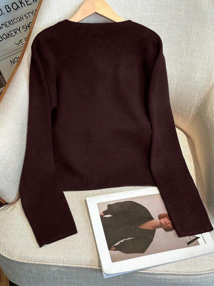 Women's Casual Slim Fit Solid Color V-Neck Drop Shoulder Metal Button Hem Slit Long Sleeve Knit Cardigan Loose Outerwear, Spring/Summer/Autumn - Burgundy - View 7