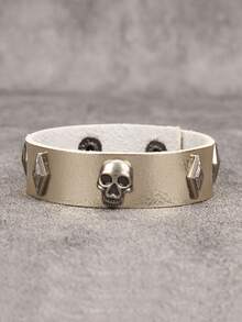 1 pieza Brazalete vintage estilo punk rock con calavera, brazalete de PU personalizado unisex para moda y actuaciones, regalo de Halloween, accesorio diario