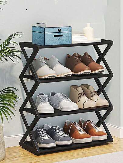 1 4-Tier Bookshelf Or Shoe Rack For Entryways, Hallways, Bedrooms And Dormitories, Black/White, Can Be Used As A Bookshelf, Shoe Rack, Easy To Assemble, Sturdy And Durable, Foldable Shoe Rack, Thickened Plastic Material Saves Space, Adjustable 4-Tier Folding Shoe Rack, Suitable For Entryway Wall Cabinets And Hallways, Small Shoe Rack