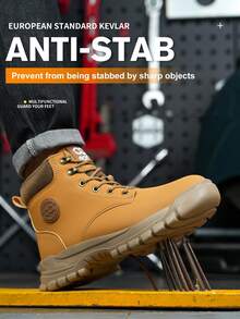 男女舒适工作鞋，防砸、防刺、耐磨，钢头设计，黑/黄配色，高帮抗压工作鞋，适用于建筑、园艺等行业，安全防护，男女通用。