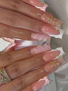 Mejora instantáneamente tu apariencia, Set de 24 uñas postizas francesas de longitud media con perlas 3D, diseños florales ondulados, bordes dorados y destellos brillantes en un gradiente azul fresco. Agrega un toque de romance y te hará lucir talla grande dulce (entrega aleatoria) - Aleatorio - Ver 3