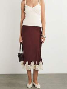 Lace Satin Maxi Skirts For Women Casual Elegant Fall A Line Elastic Waist High Rise Silk Midi Skirt With Lace Patchwork Y2k Aesthetic Going Out Skirt Party Club Streetwear - 酒紅色 - 查看 4