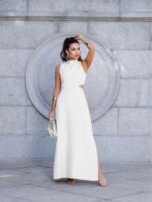 Women's Long Tailored Dress, High Neck, Side Slit, Side Opening Detail, Comfortable, With Pockets, Elegant - 象牙白色 - 查看 2