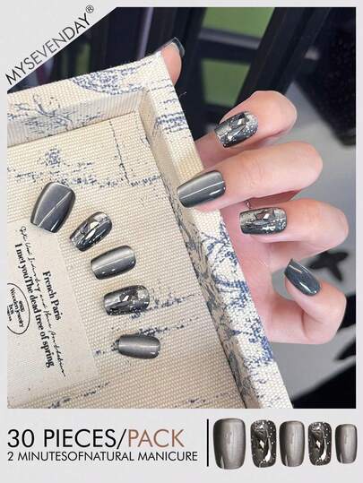 30 Pieces Press On Nails Square/Black Glitter Crystal Detachable Fake Armor Plate Black Nails/Perfectly Fitting Acrylic Fake Nail Set, Including 1 Jelly Glue And 1 Nail File, Suitable For Women's Daily Work, Study, And Gatherings In Autumn And Winter Nail Products Suitable For Gatherings, Festivals , And Daily Use